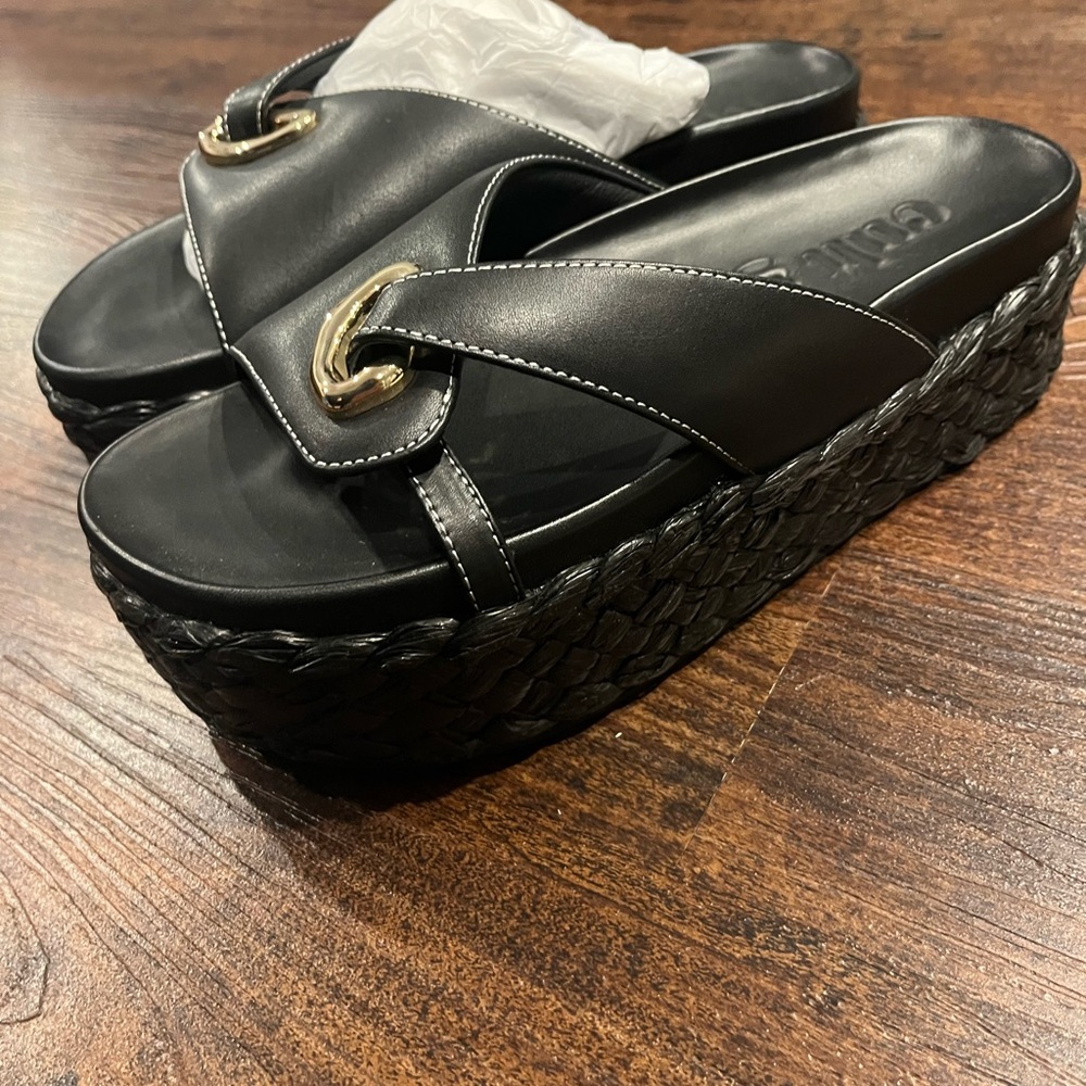 BRAND NEW! Cult Gaia Blythe Black Platform Sandals with Gold Detail - Picture 3 of 6